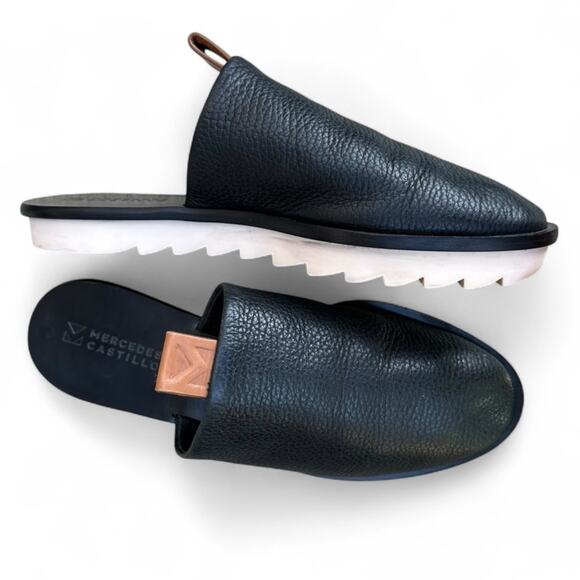 Mercedes Castillo Teah Black Leather Mules Shoes Lug Sole Minimalist Fall 6 - Picture 1 of 13